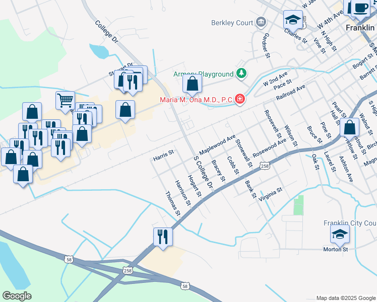 map of restaurants, bars, coffee shops, grocery stores, and more near 208 South College Drive in Franklin