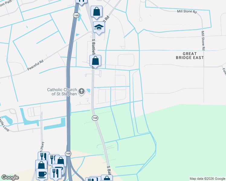 map of restaurants, bars, coffee shops, grocery stores, and more near 1511 South Battlefield Boulevard in Chesapeake