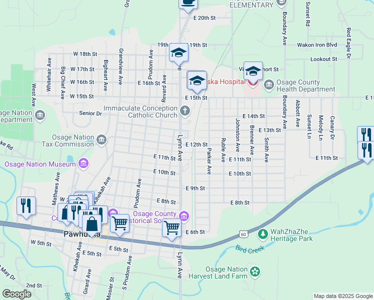 map of restaurants, bars, coffee shops, grocery stores, and more near 1101 Lynn Avenue in Pawhuska