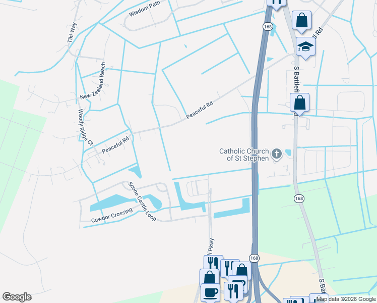 map of restaurants, bars, coffee shops, grocery stores, and more near 321 Peaceful Road in Chesapeake