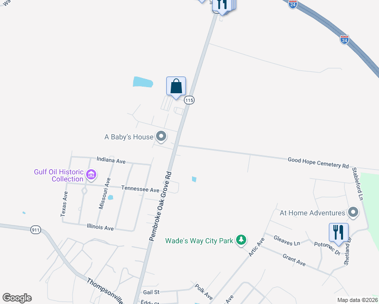 map of restaurants, bars, coffee shops, grocery stores, and more near 205 Good Hope Cemetery Rd in Oak Grove