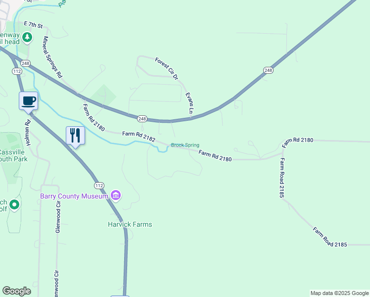 map of restaurants, bars, coffee shops, grocery stores, and more near Farm Road 2180 in Cassville