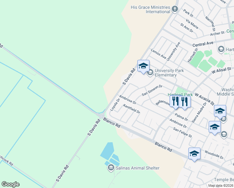 map of restaurants, bars, coffee shops, grocery stores, and more near 1104 Loyola Drive in Salinas