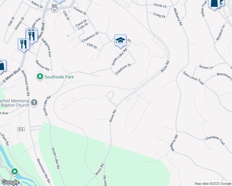 map of restaurants, bars, coffee shops, grocery stores, and more near 101-199 Elmwood Circle in Martinsville