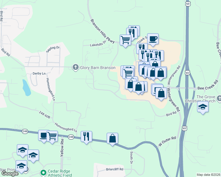 map of restaurants, bars, coffee shops, grocery stores, and more near 111 Vixen Circle in Branson