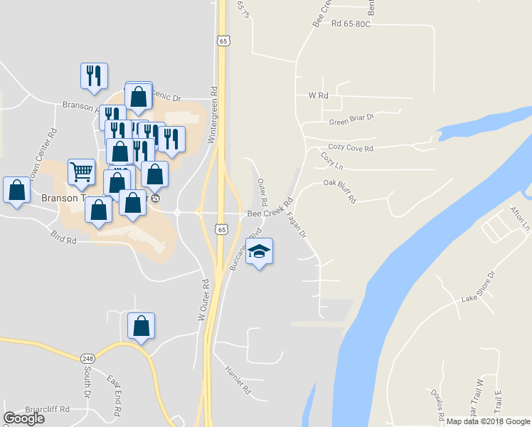 map of restaurants, bars, coffee shops, grocery stores, and more near 399 Buccaneer Boulevard in Branson