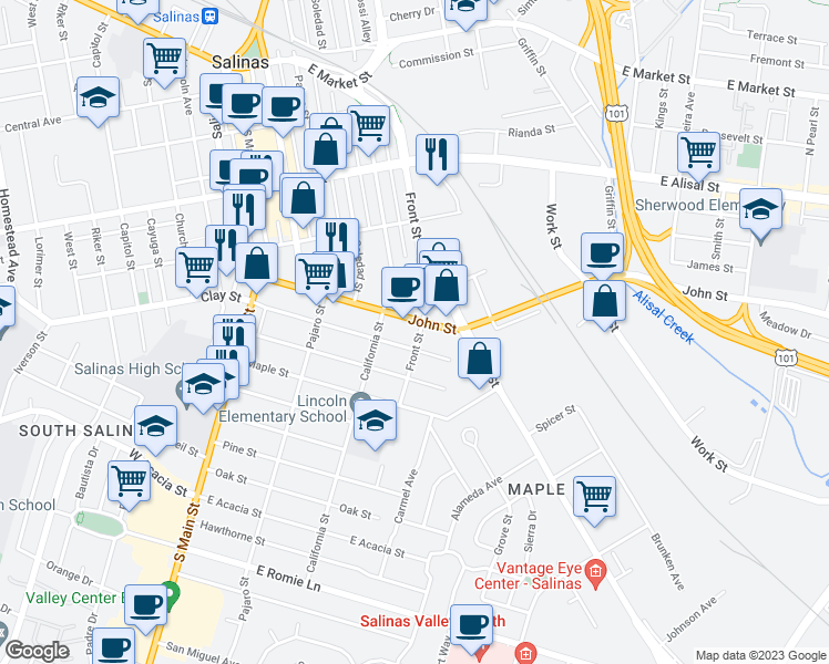 map of restaurants, bars, coffee shops, grocery stores, and more near 508 Front Street in Salinas