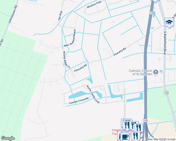 map of restaurants, bars, coffee shops, grocery stores, and more near 401 Peaceful Road in Chesapeake