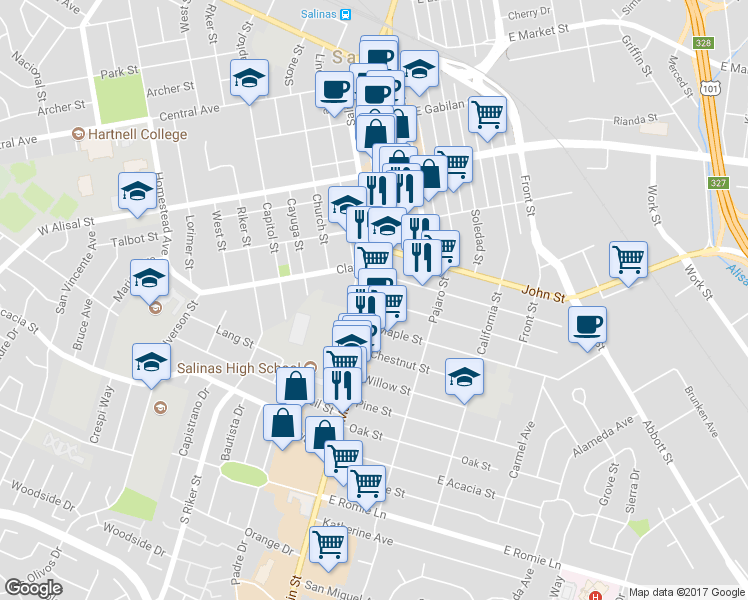 map of restaurants, bars, coffee shops, grocery stores, and more near 598 South Main Street in Salinas