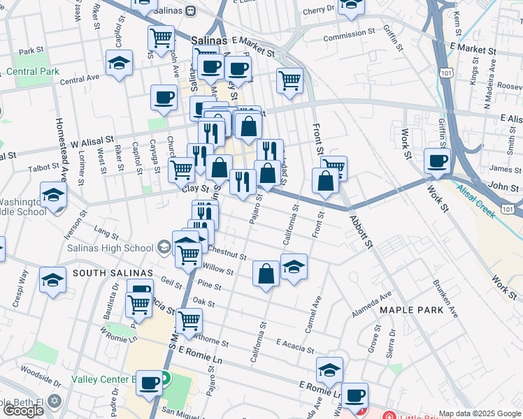 map of restaurants, bars, coffee shops, grocery stores, and more near 532 Pajaro Street in Salinas