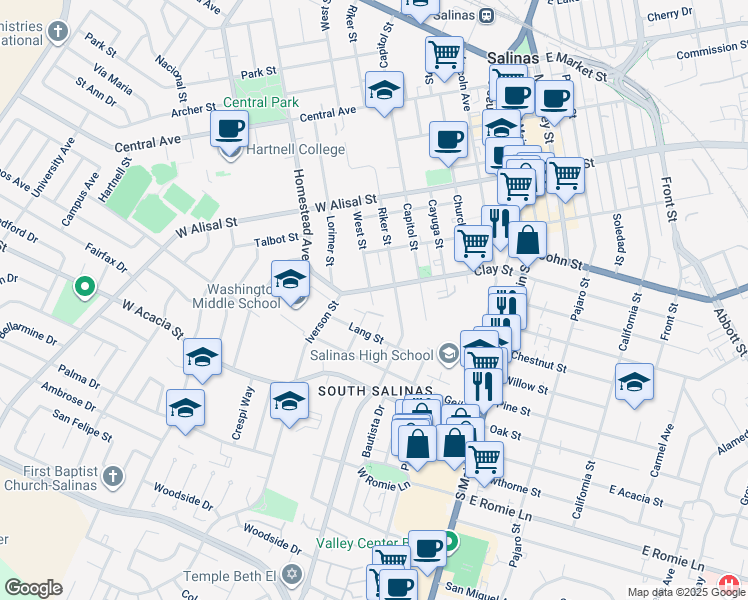 map of restaurants, bars, coffee shops, grocery stores, and more near 508 West Street in Salinas