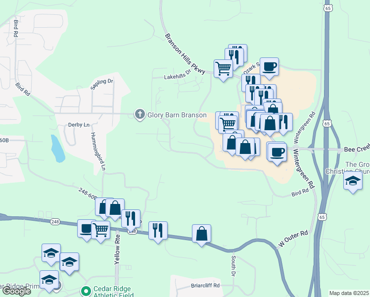 map of restaurants, bars, coffee shops, grocery stores, and more near 135 Vixen Circle in Branson
