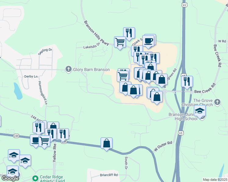 map of restaurants, bars, coffee shops, grocery stores, and more near 100 Vixen Circle in Branson