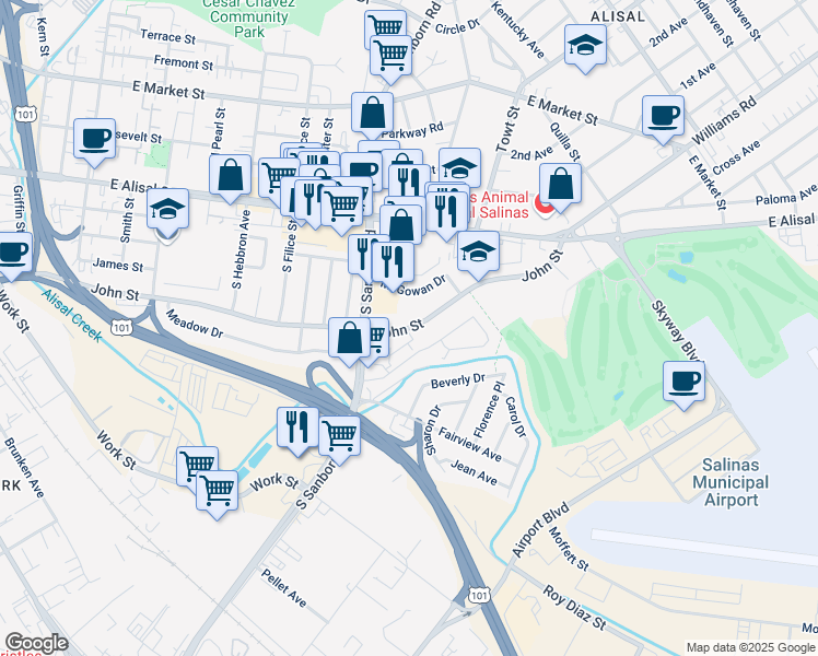 map of restaurants, bars, coffee shops, grocery stores, and more near 1045 John Street in Salinas