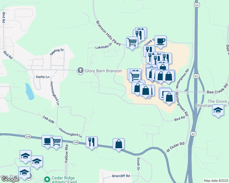 map of restaurants, bars, coffee shops, grocery stores, and more near 119 Vixen Circle in Branson
