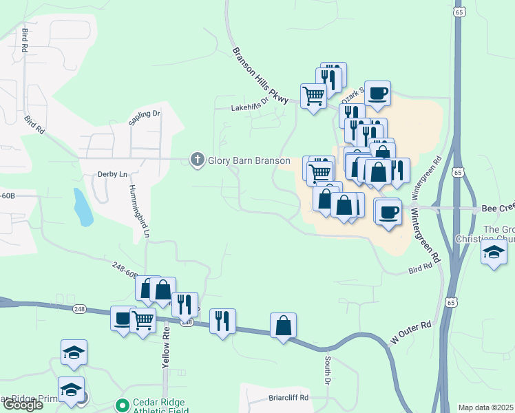 map of restaurants, bars, coffee shops, grocery stores, and more near 143 Vixen Circle in Branson