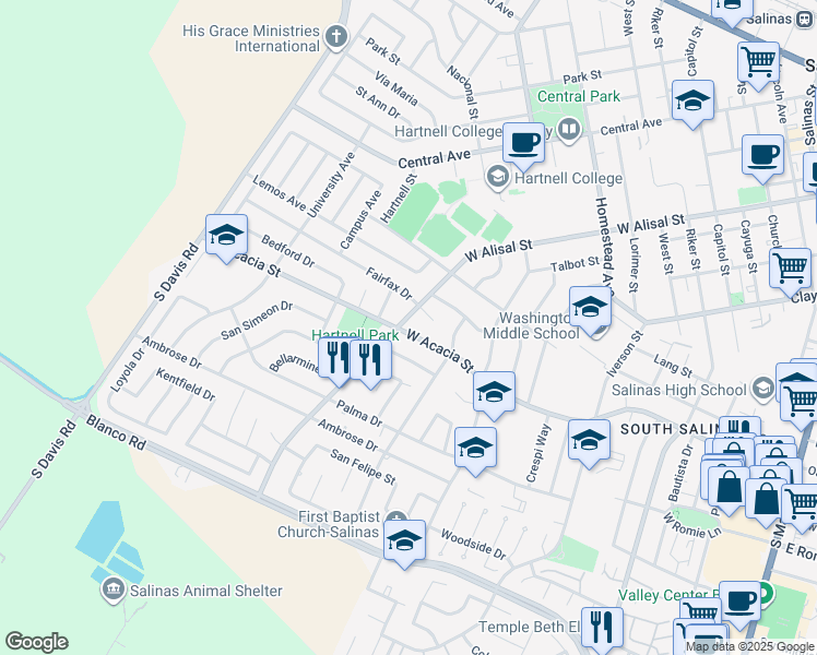 map of restaurants, bars, coffee shops, grocery stores, and more near 631 West Acacia Street in Salinas
