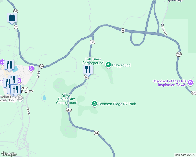 map of restaurants, bars, coffee shops, grocery stores, and more near 5382 State Highway 265 in Branson