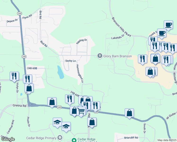 map of restaurants, bars, coffee shops, grocery stores, and more near 608 Hummingbird Lane in Branson