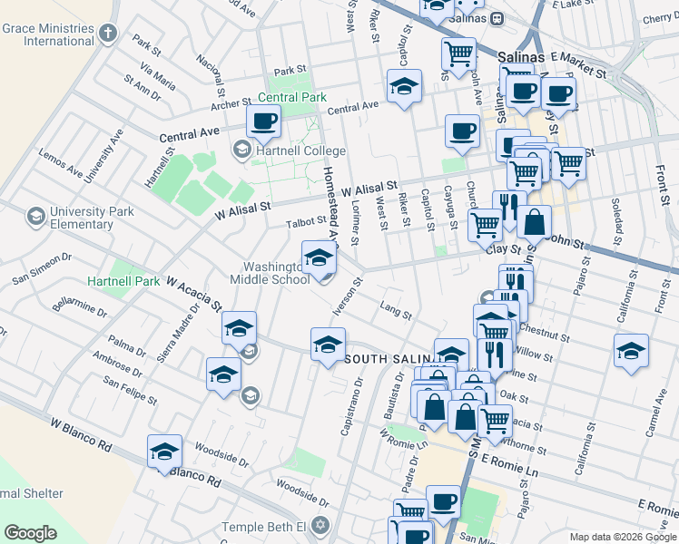 map of restaurants, bars, coffee shops, grocery stores, and more near 559 Iverson Street in Salinas