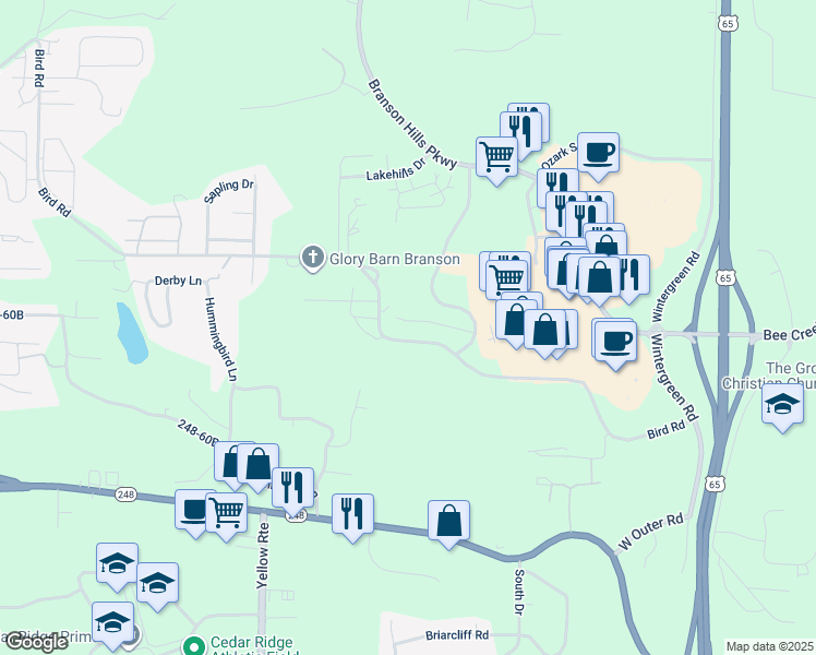 map of restaurants, bars, coffee shops, grocery stores, and more near 143 Vixen Circle in Branson