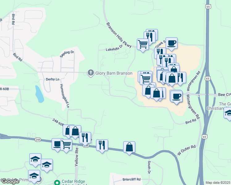 map of restaurants, bars, coffee shops, grocery stores, and more near 143 Vixen Circle in Branson