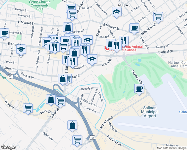 map of restaurants, bars, coffee shops, grocery stores, and more near 111 Mayfair Drive in Salinas