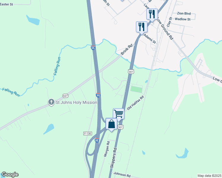 map of restaurants, bars, coffee shops, grocery stores, and more near 374 Brink Road in Emporia