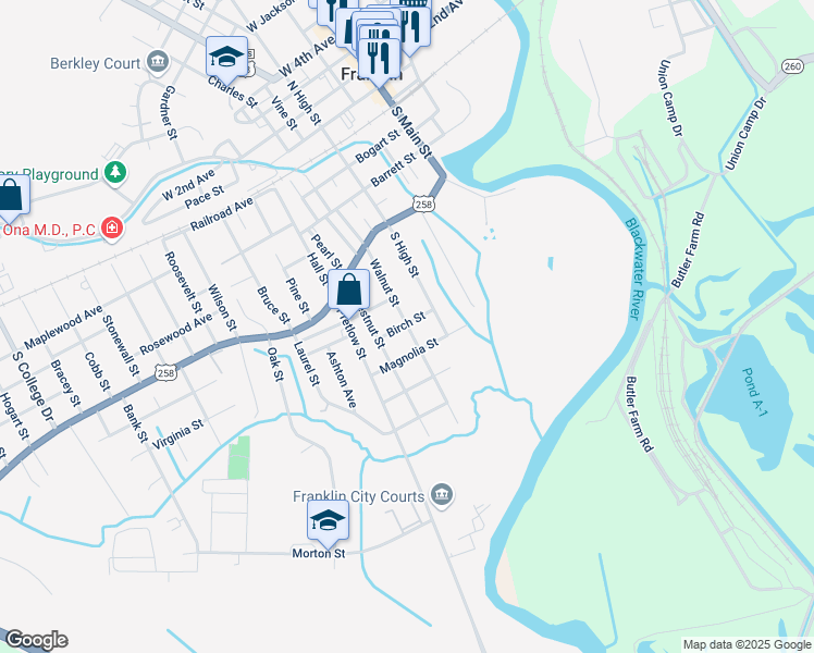 map of restaurants, bars, coffee shops, grocery stores, and more near 609 Walnut St in Franklin