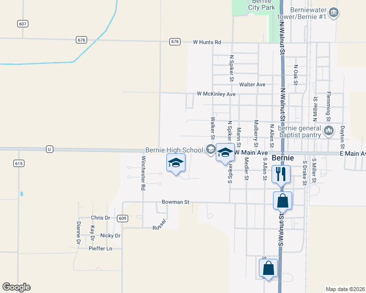 map of restaurants, bars, coffee shops, grocery stores, and more near 722 West Main Avenue in Bernie