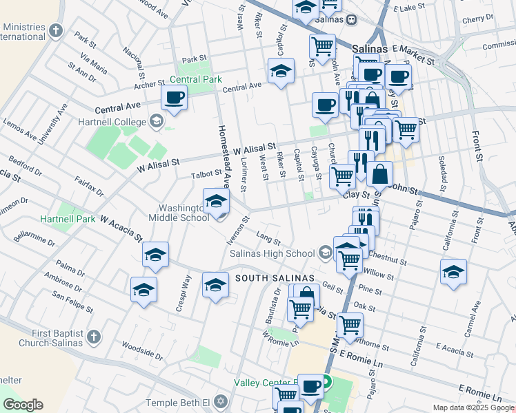 map of restaurants, bars, coffee shops, grocery stores, and more near 258 Clay Street in Salinas