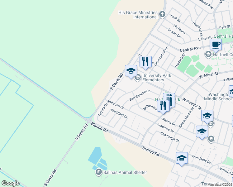 map of restaurants, bars, coffee shops, grocery stores, and more near 961 Loyola Drive in Salinas