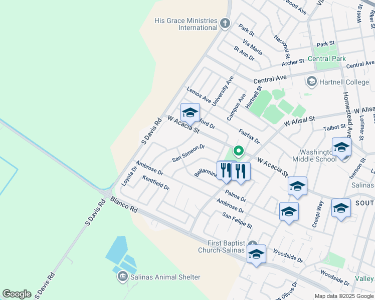 map of restaurants, bars, coffee shops, grocery stores, and more near 928 San Simeon Drive in Salinas