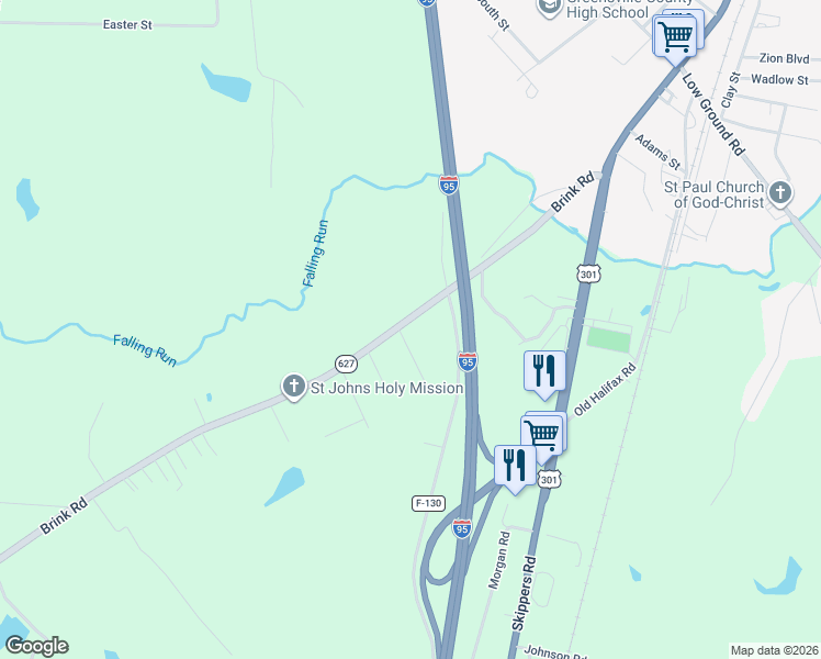 map of restaurants, bars, coffee shops, grocery stores, and more near 362-450 Brink Road in Emporia