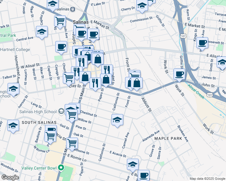 map of restaurants, bars, coffee shops, grocery stores, and more near 115 John Street in Salinas
