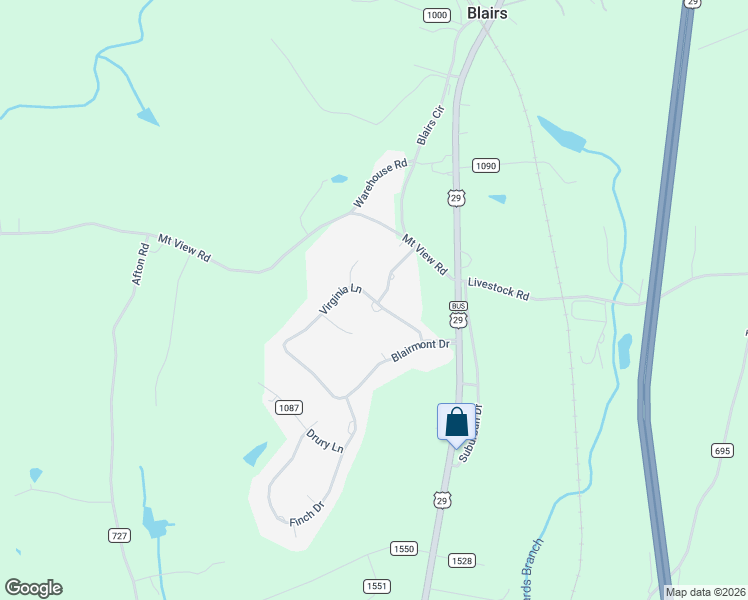 map of restaurants, bars, coffee shops, grocery stores, and more near County Road 1042 in Pittsylvania County