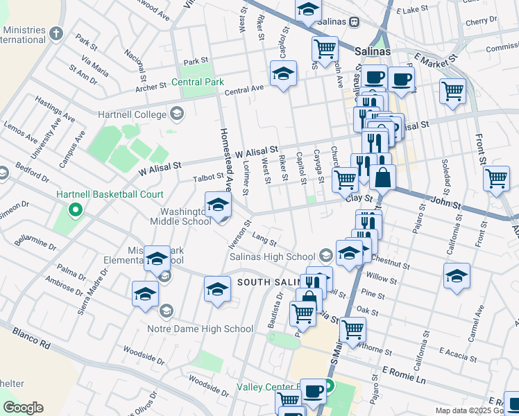 map of restaurants, bars, coffee shops, grocery stores, and more near 258 Clay Street in Salinas