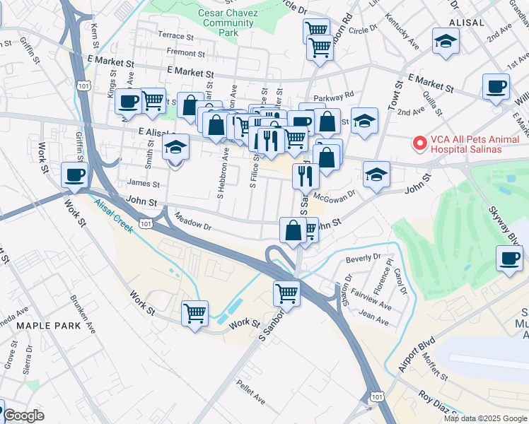map of restaurants, bars, coffee shops, grocery stores, and more near in Salinas