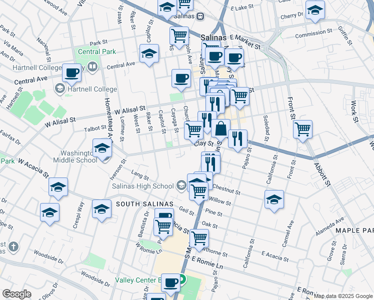 map of restaurants, bars, coffee shops, grocery stores, and more near 134 Clay Street in Salinas