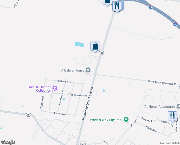 map of restaurants, bars, coffee shops, grocery stores, and more near 121 Man O War Drive in Oak Grove