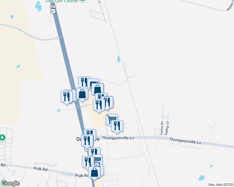 map of restaurants, bars, coffee shops, grocery stores, and more near Tuckaway Lane in Oak Grove