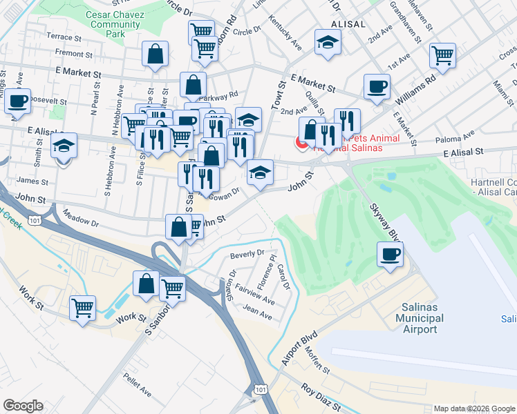 map of restaurants, bars, coffee shops, grocery stores, and more near 1108 John Street in Salinas