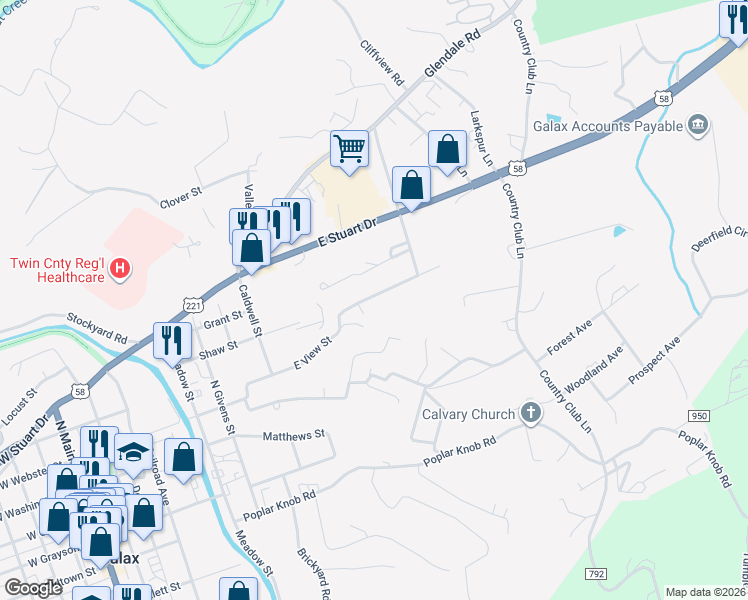 map of restaurants, bars, coffee shops, grocery stores, and more near 160 East View Street in Galax
