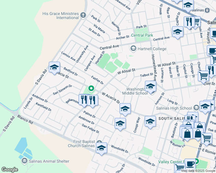 map of restaurants, bars, coffee shops, grocery stores, and more near 3 Fairfax Circle in Salinas