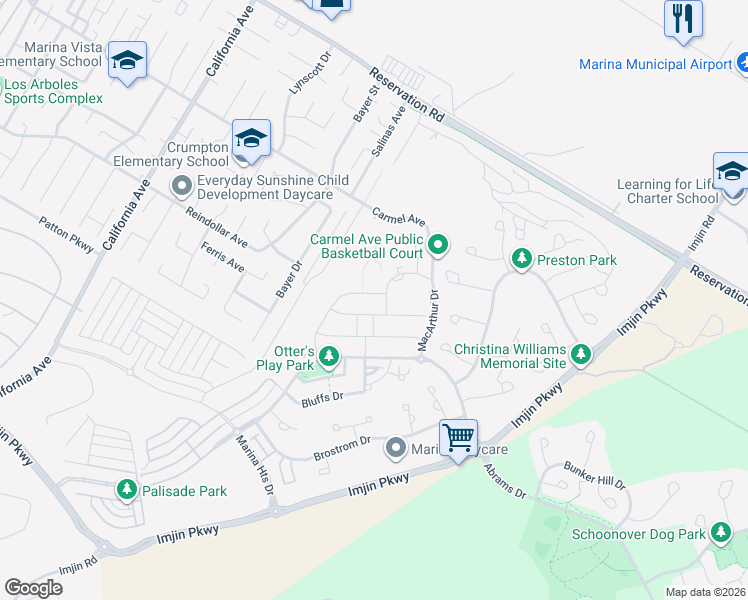 map of restaurants, bars, coffee shops, grocery stores, and more near Vineyard Court in Marina