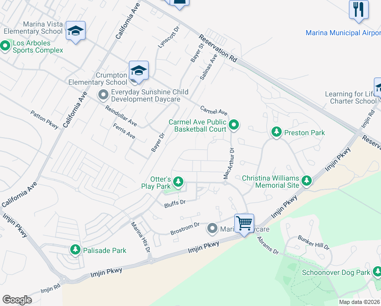 map of restaurants, bars, coffee shops, grocery stores, and more near 3056 El Capitan Drive in Marina