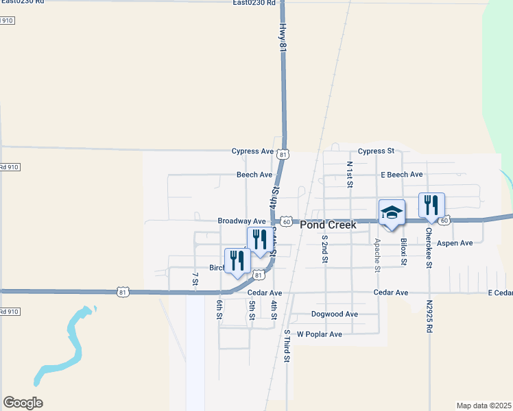 map of restaurants, bars, coffee shops, grocery stores, and more near 114-180 5th St in Pond Creek