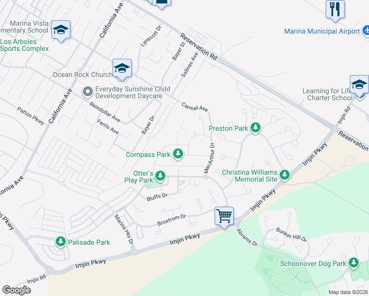 map of restaurants, bars, coffee shops, grocery stores, and more near 3068 El Capitan Drive in Marina