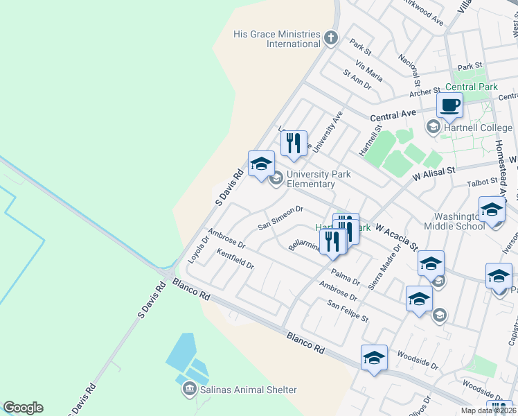 map of restaurants, bars, coffee shops, grocery stores, and more near University Avenue in Salinas