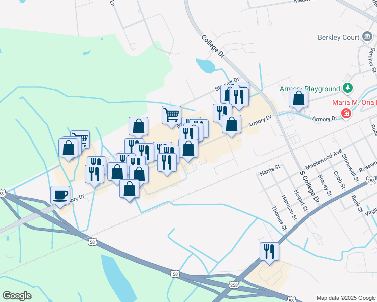map of restaurants, bars, coffee shops, grocery stores, and more near 1328 Armory Drive in Franklin